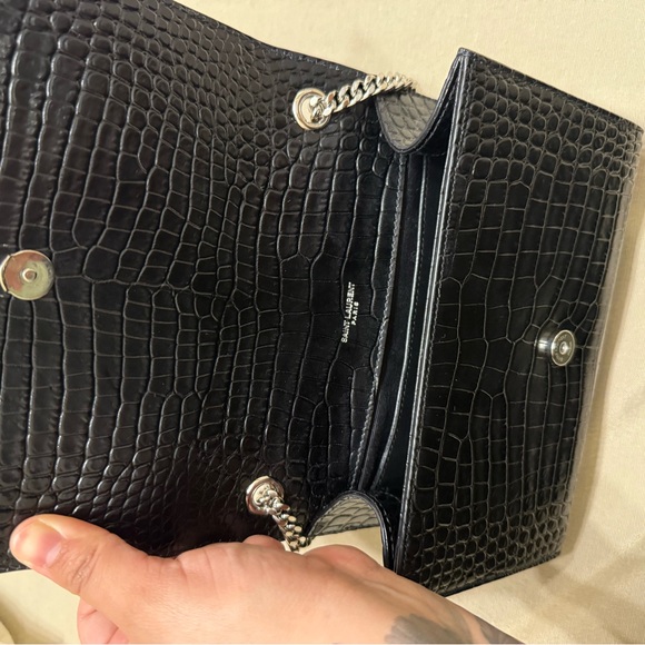 Yves Saint Laurent Black Croc-Embossed Clutch with Silver Logo - Picture 4 of 9